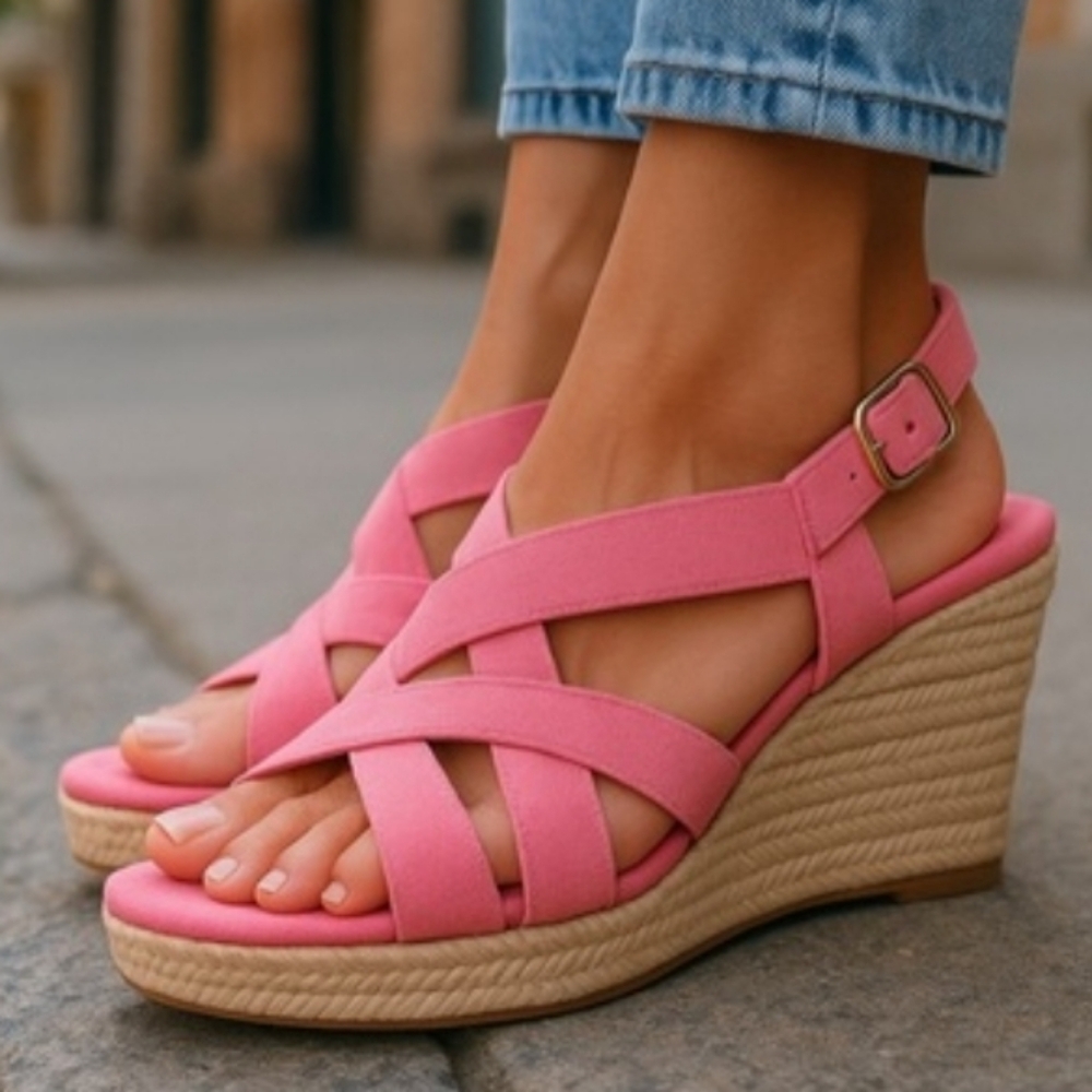 Pink Women's Wedge Sandals - Casual Strappy Slingback